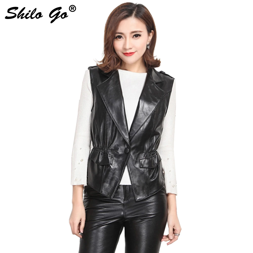 

SHILO GO Leather Vest Womens Autumn Fashion sheepskin genuine leather Vest Laple Collar single button stretch waist black Vest
