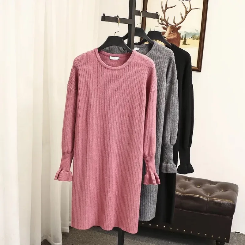 

Ubetoku 2018Autumn women slim knitted elastic dress sweet butterfly sleeve solid dress plus size women clothing(qun114)