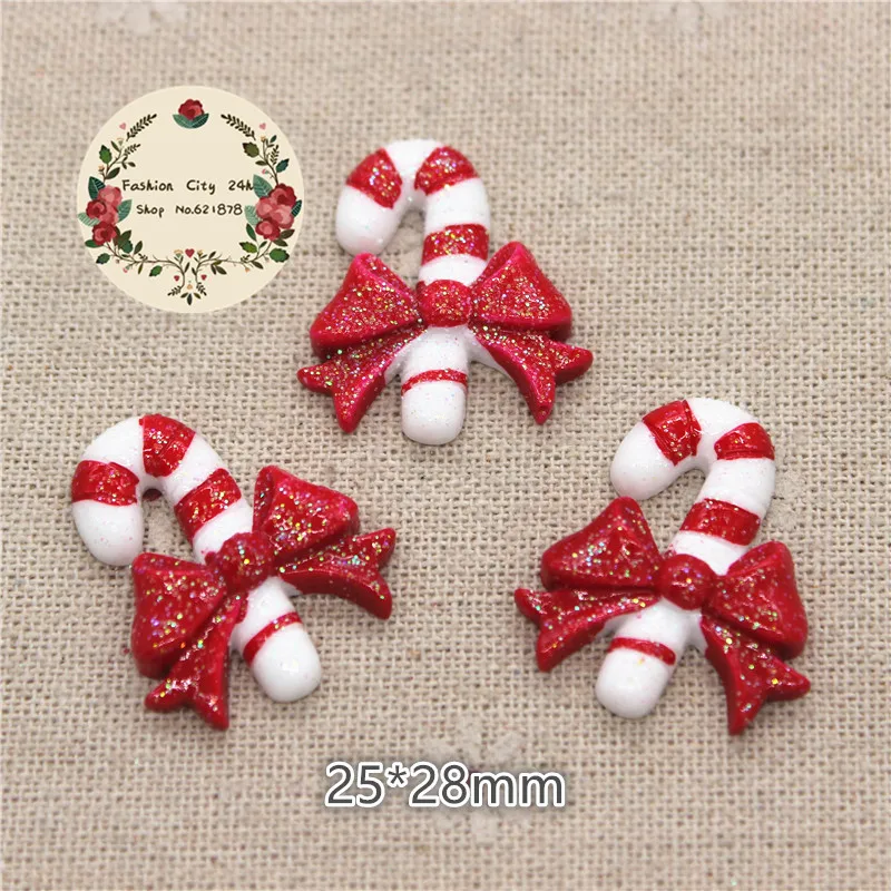 10pcs Glitter Christmas Crutch Resin Miniature Art Supply Flatback Cabochon DIY Decorative Craft Scrapbooking,25*28mm
