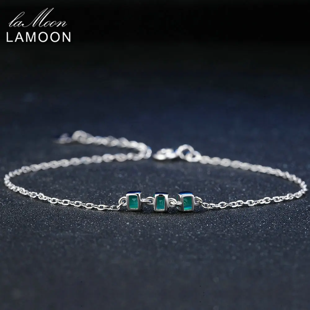Lamoon 2mm 100% Natural Square Green Chalcedony 925 Sterling Silver Bracelet Chain Charm Jewelry S925 LMHI017