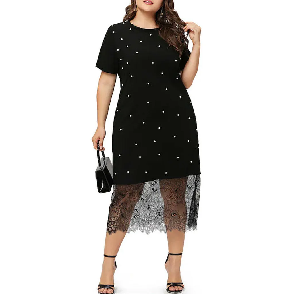 SAGACE Fashion Women Plus Size Casual O-Neck Short Sleeve Pots Printed Lace Dress Dot A-Line Summer Casual travel Dress July 17