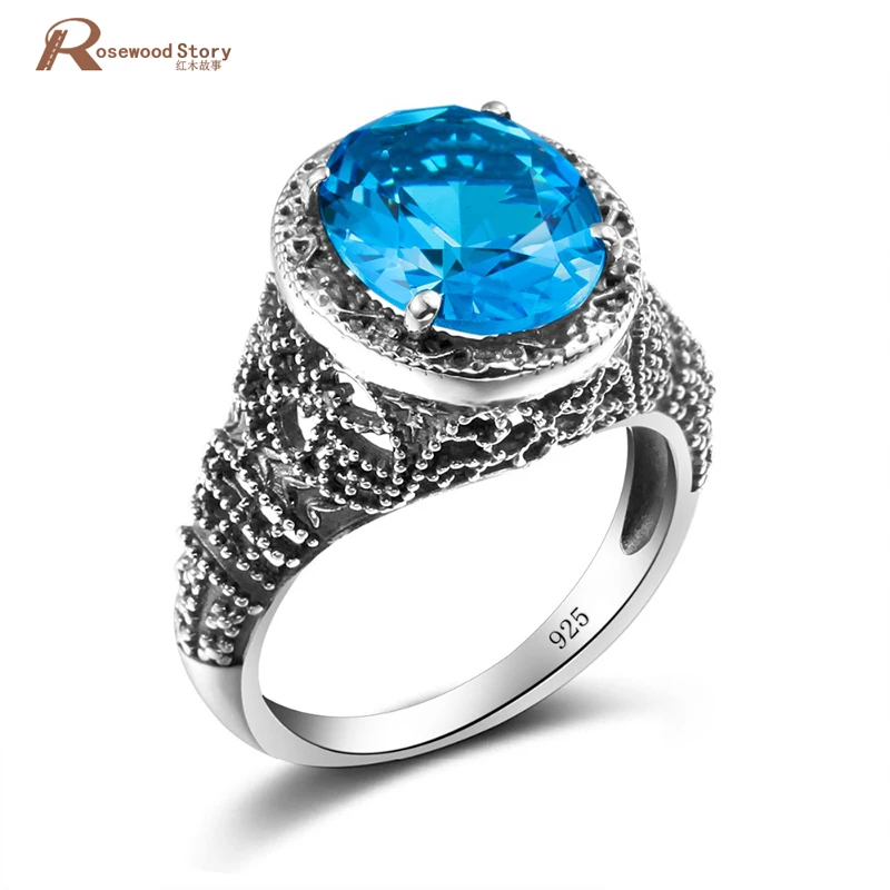 

Tibetan Ring Round Cut Blue Austrian Crystal Vintage Style Skull Ring Inlay 925 Sterling Silver Wedding Rings Set For Women