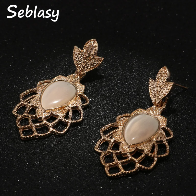 

Seblasy 2018 Luxurious Big Statement Leaves Flowers Opal Stud Earrings for Women Jewelry Hanging Accessories Orecchino