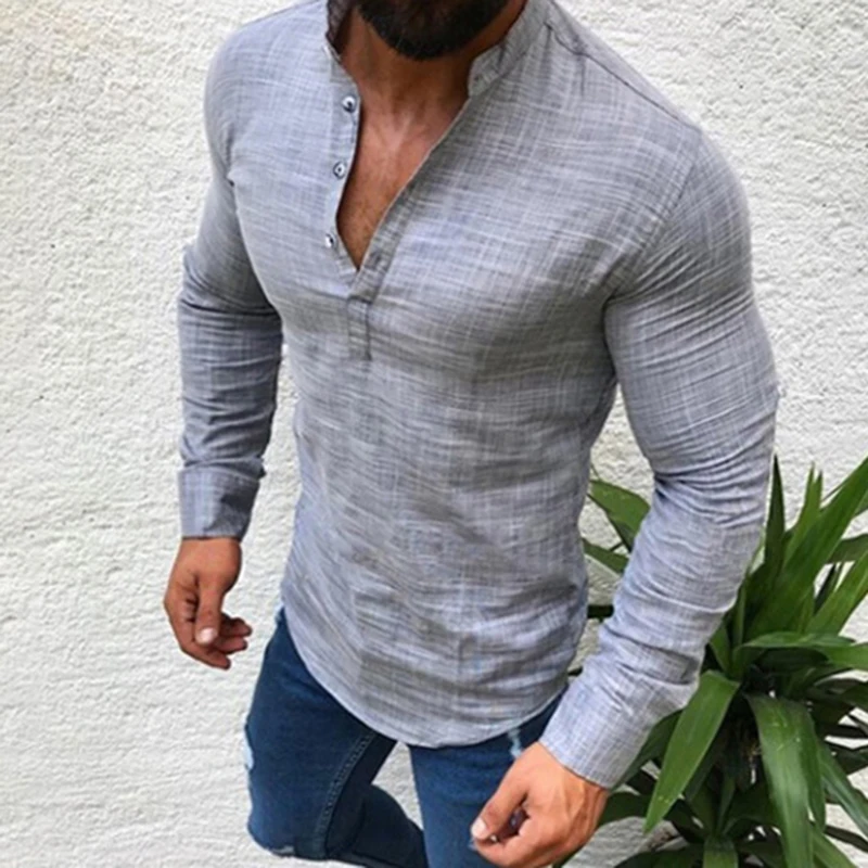 Мужская рубашка из хлопка и льна, модная повседневная Осенняя блуза с длинным рукавом, рубашки для мужчин, Полуоткрытая рубашка, облегающая Мужская блузка размера плюс - Цвет: Gray