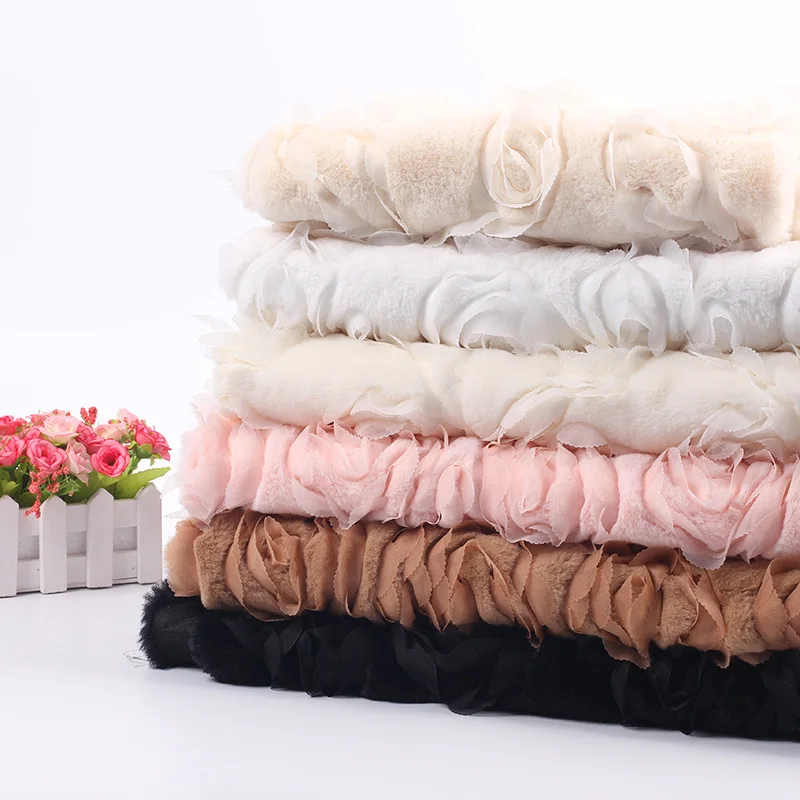 

New Arrival Faux Fur Flower Emboridery DIY Fabric for Garment Cushion Blanket Background Decoration Fabric