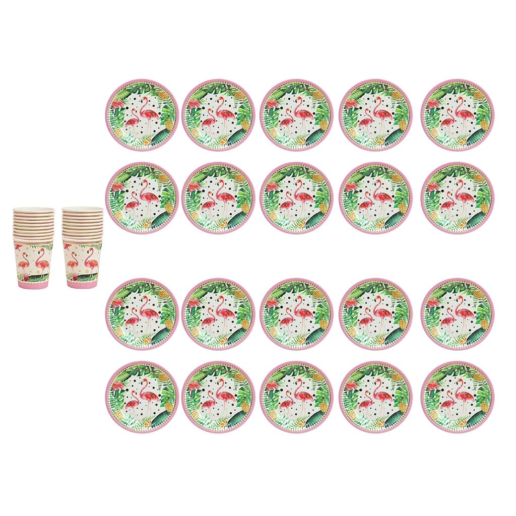 20Set /40pcs Flamingo Paper Cups Plates Disposable Tableware Kit for Tropical Hawaiian Kids Birthday Party Supplies BBQ Supplies