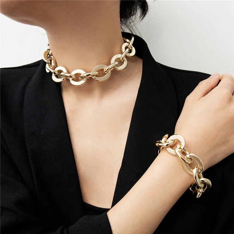 

Vintage Metal Thick Choker Necklace Bracelet Set 2019 Fashion Chunky Geometric Statement Jewelry for Women Gift