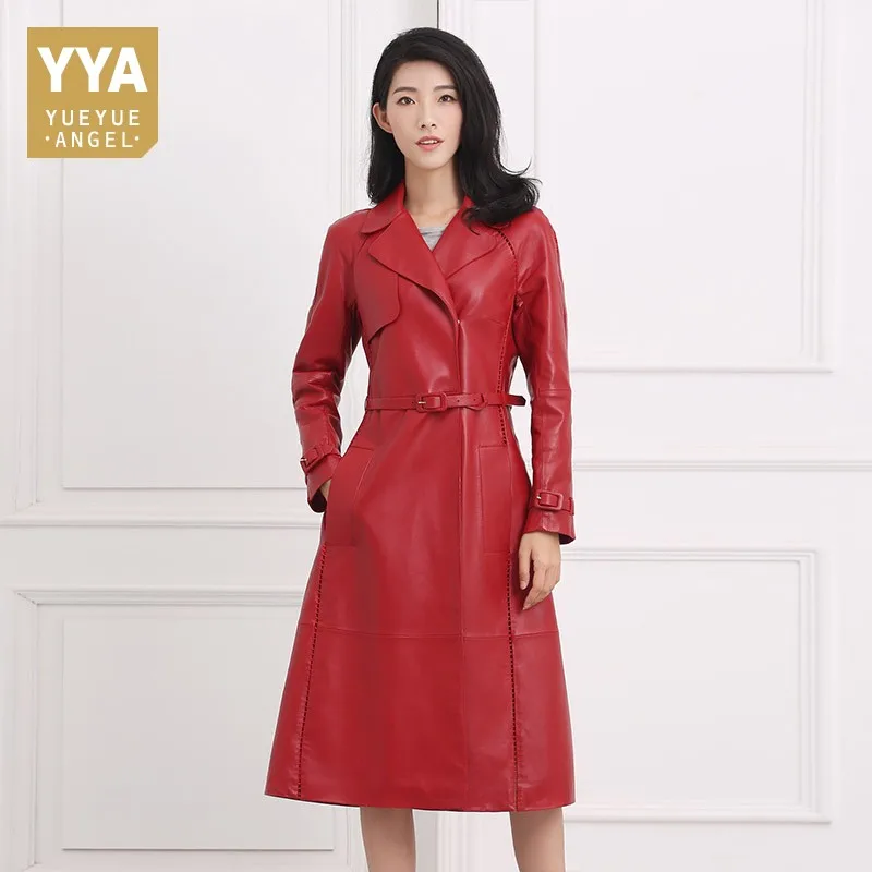 

100% Genuine Leather Women Long Jacket High street Red Shearling Jackets Lapel Belt Long Coat Female Luxury Black Womens Coats