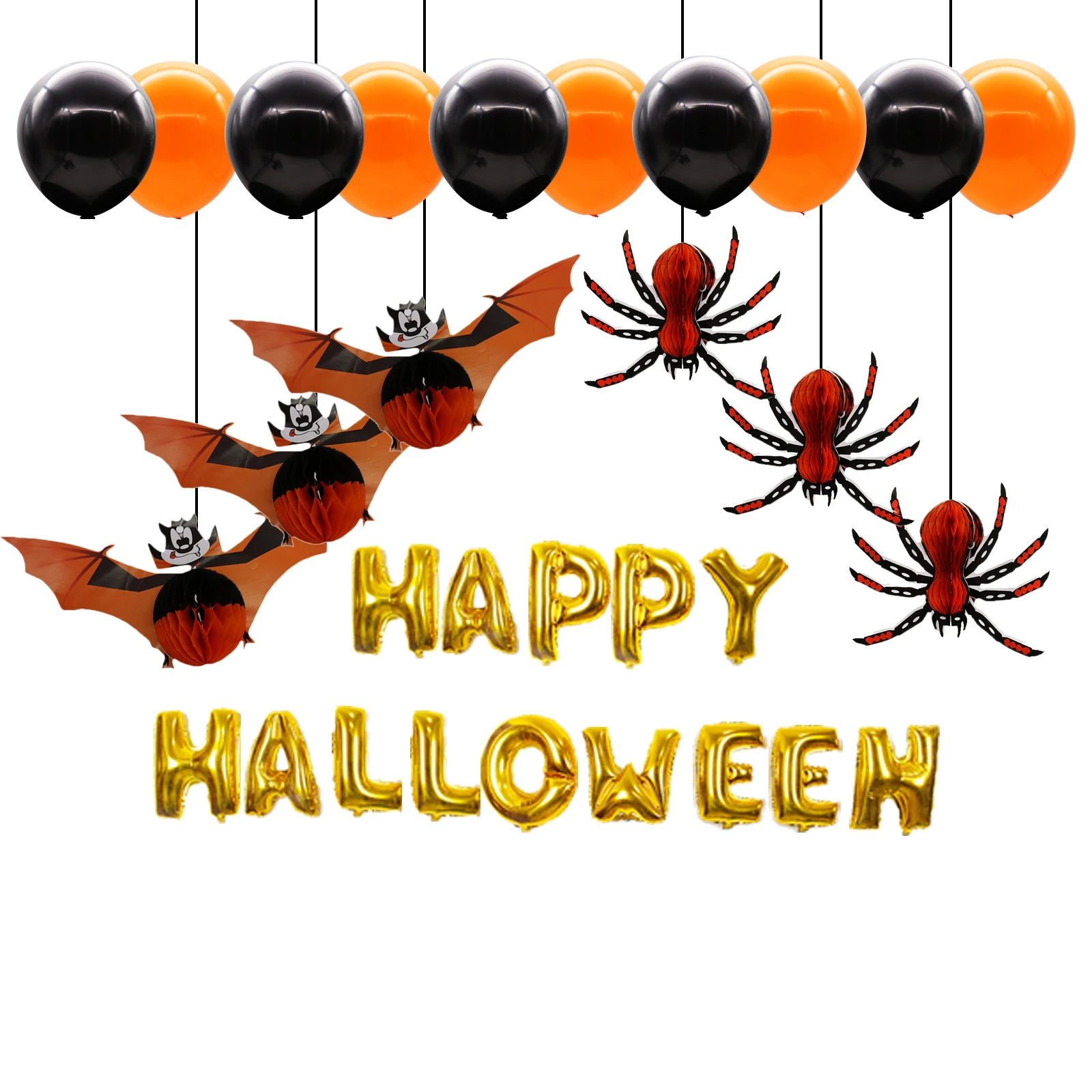 

1 set halloween party decoration supplies Gold Letters Happy halloween Foil Balloons skull latex air balloons paper bats spider