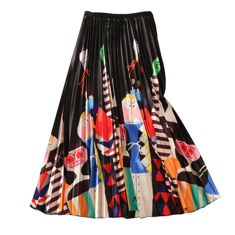 Women Skirts Fashion 2019 Contrast Pleated Skirt Women Elastic High Waist Spring Summer Skirts Womens A Line Long Skirt WD002