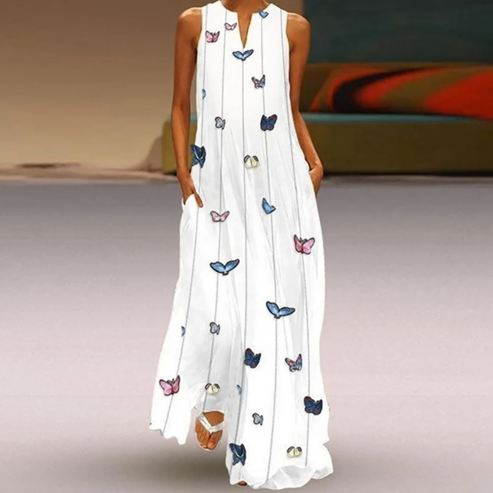 CALOFE, платье без рукавов с принтом бабочки, женское платье с карманами, богемное пляжное макси платье, повседневное Свободное платье с v-образным вырезом - Цвет: white-2