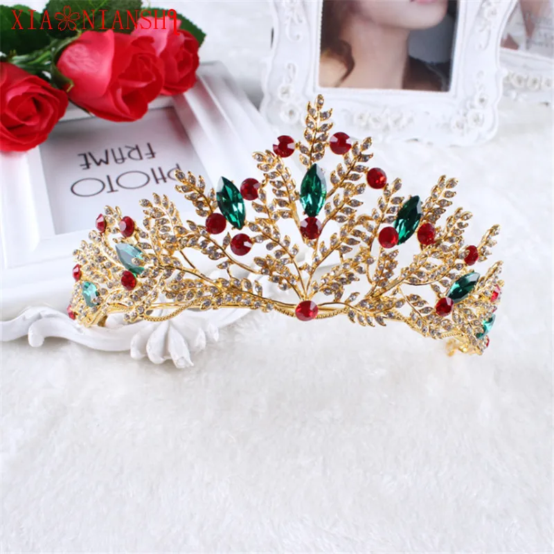 

XIAONIANSHI New Baroque Style Gold Red Green Crystal Bridal Tiara Wedding Crown Alloy Queen Princess Tiara Jewelry accessories