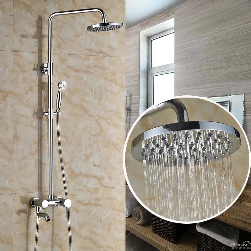 Wall Mount Bathroom Tub Shower Faucet Adjustable Height Shower Mixer Tap with Brass Handshower