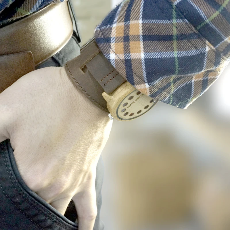 BOBO BIRD V-A26 12 Holes Design Bamboo Wood Watch Mens Quartz Analog Watches Brown Leather Wooden Wristwatch Band