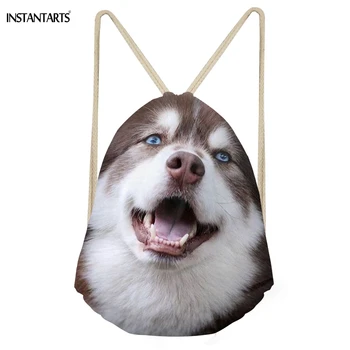 

INSTANTARTS Casual Women Men Drawstrings Bags Cute 3D Dog Husky Print Storage Backpacks Multifunction Soft Basketball Beach Bags