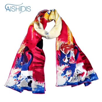 

100% Silk Scarf Women Spring Autumn Long Shawl Luxury Brand Designer Works Cats "Walking Pretty"