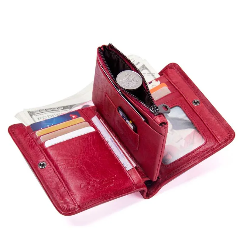 

Wallet Women Fashion Genuine Leather Cowhide Trifold Business Card Holder Money Bag Small Ladies Short Red Wallet