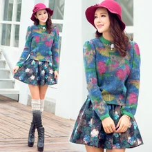 Europe 2014 new winter sweater knitting printing and embroidery wool pleated skirt suit female