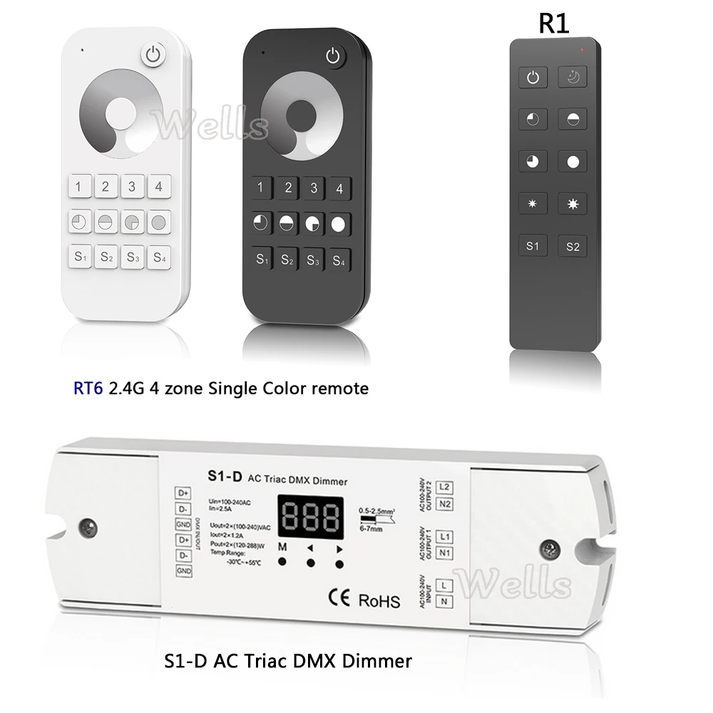 

R1 RT6 Remote compatible with S1-D AC100-240V 288W 2 Channel Triac DMX Dimmer, Dual channel output Silicon DMX 512 controller