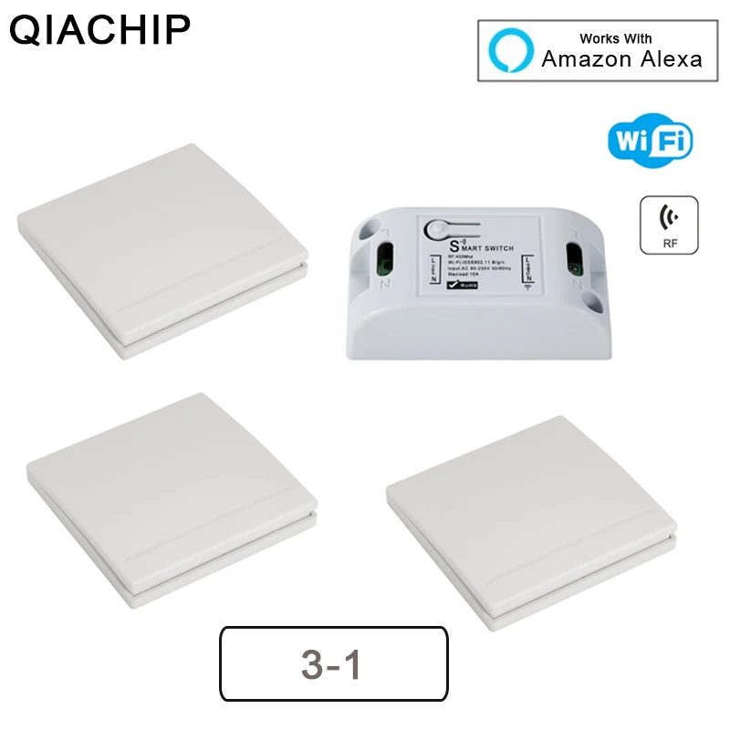 

QIACHIP Wifi Wireless 433MHz RF Relay 1CH AC 220V Receiver Smart Home Light Switch Module + 86 Wall Lamp Remote Control Switch
