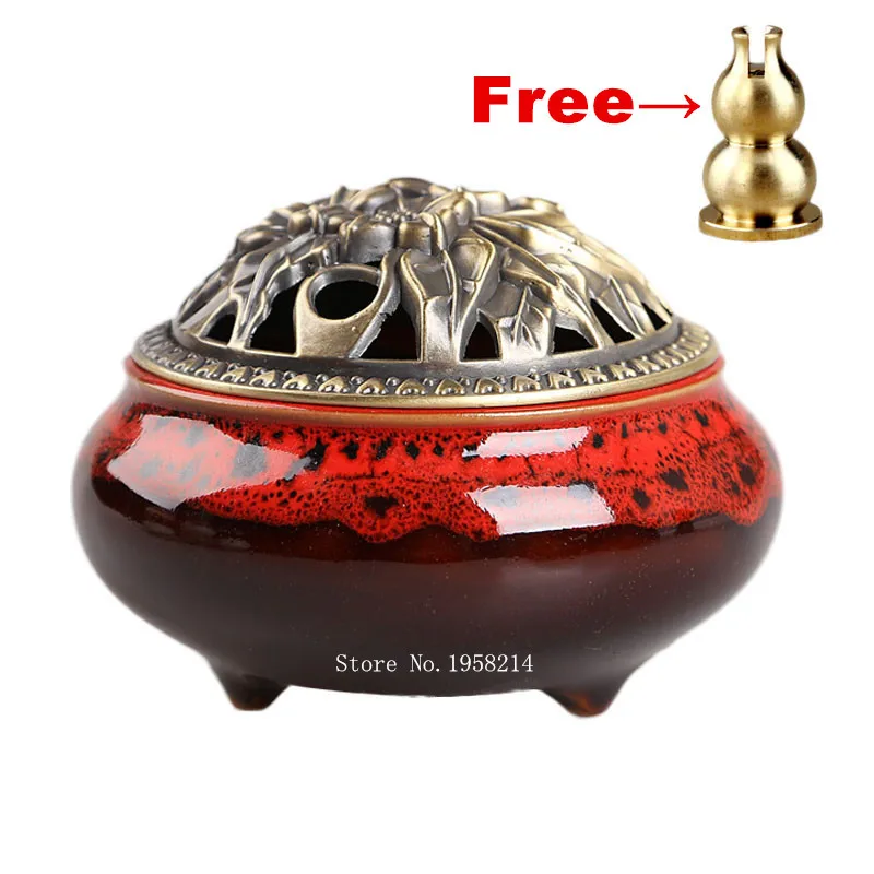 Ceramic Coil Incense Burners Holder with Metal Copper Cover Sandalwood
