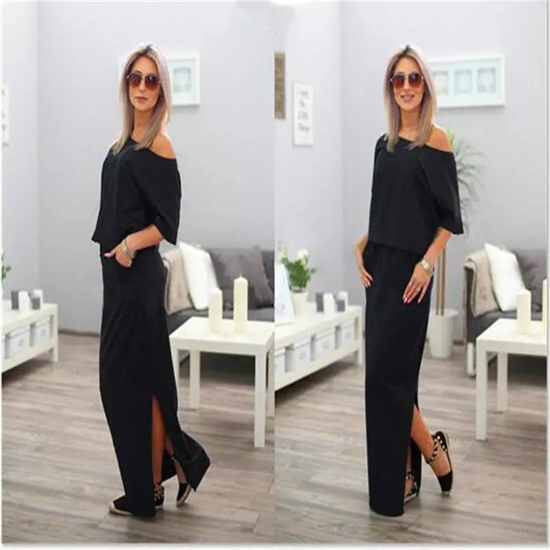 Dress Long Half Sleeve Slash Neck Off Shoulder Sexy Summer Loose Casual Solid Color Ankle-length Straight Dresses Vestidos - Цвет: 0033 black