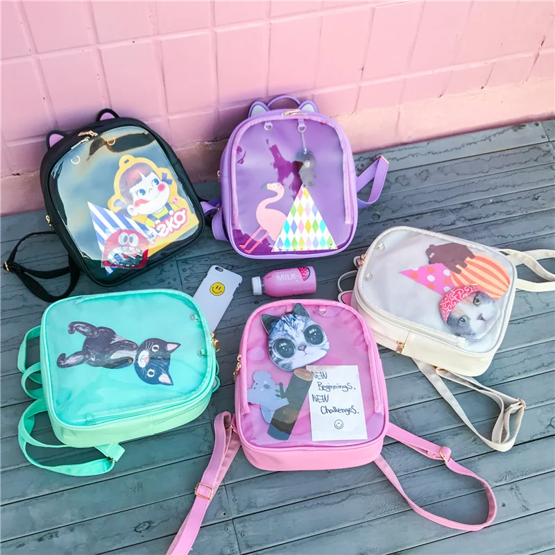 Lovely Cat Ear Leather Backpacks Candy Color Transparent Bag Teenage Girls Travel Bakpack Children Shoulder Bags School Itabag