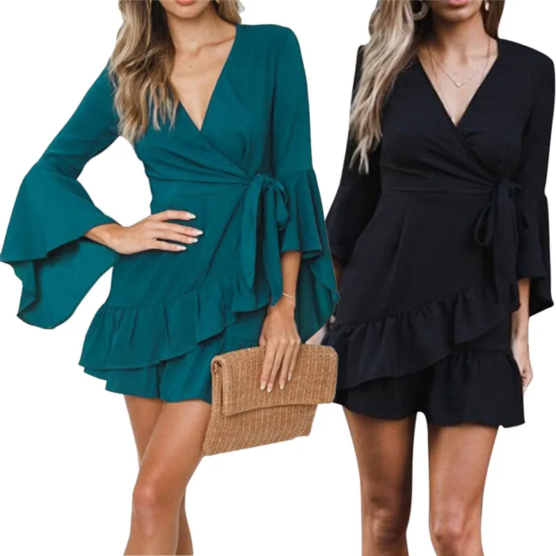 Ladies Sexy Deep V Neck Flare Sleeve Mini Party Dresses Women Sexy Wrap Ruffles Three Quarter Length Sleeve Summer Dress