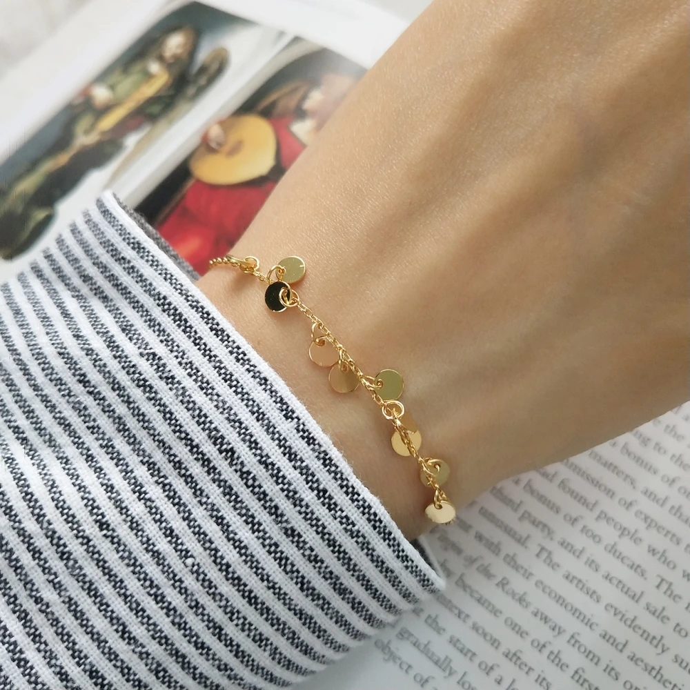 

Skinny Gold 925 Sterling Silver Mini Dew Drop Round Tag Sequin Tiny Disc Charm Bangle Bridesmaid Bracelet Wedding Gift For Women