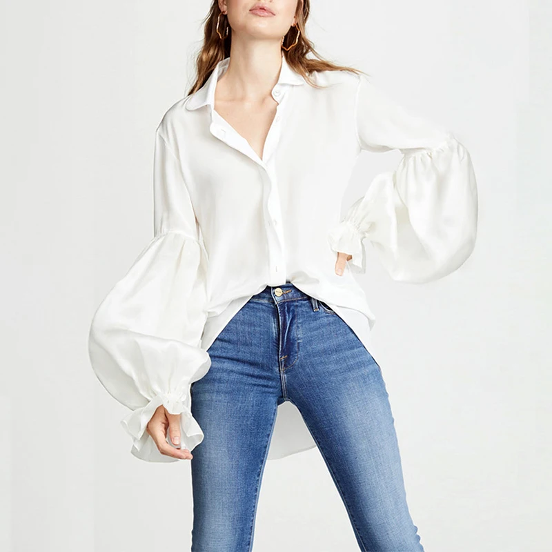 VONDA, блузка, женская рубашка,, осенняя, повседневная, с асимметричным подолом, с отворотом, с длинным рукавом-фонариком, белая рубашка, сексуальные топы размера плюс, блузы