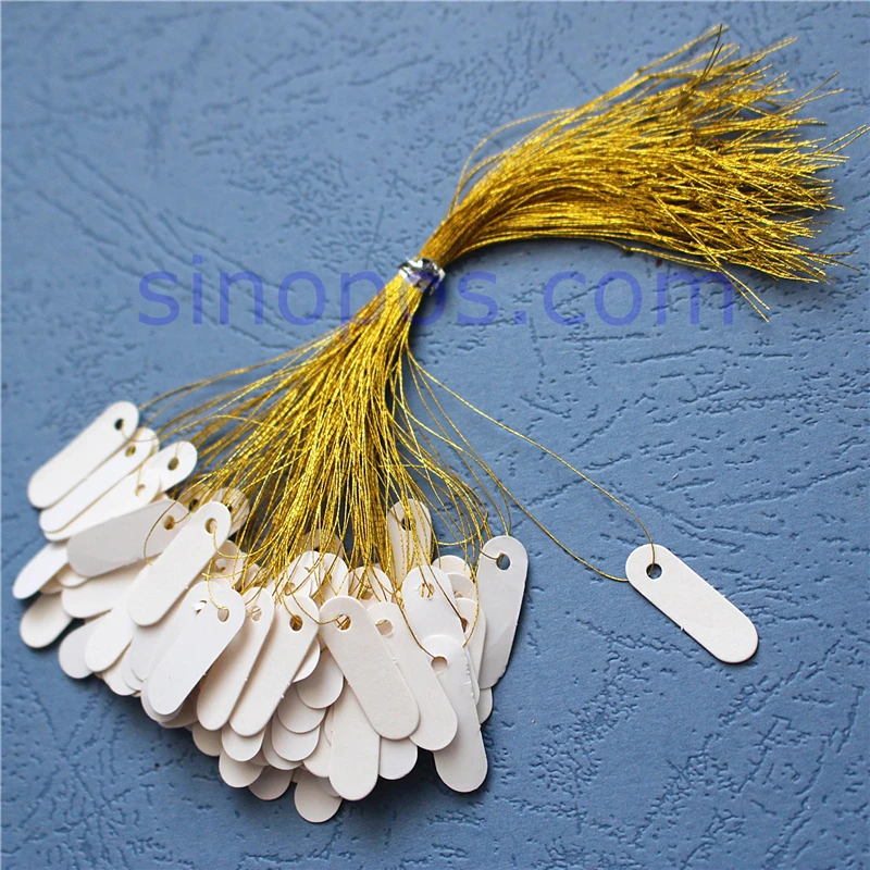 

Strung Small White Merchandise Tag With Golden Silvery Filament String, jewelry ring watch display optical label blank hangtag