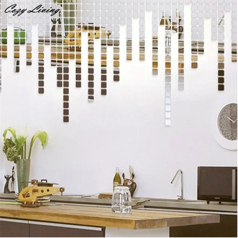 Mirror Wall Stickers Plaids 100 PCS/Set Mirror Tile Wall Sticker 3D