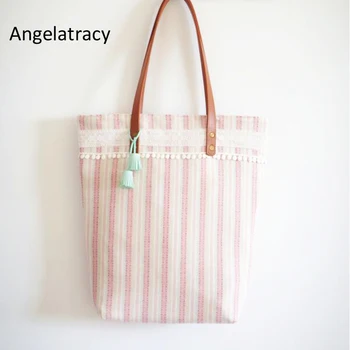 

Angelatracy 2018 Pink Women Tote Bag Handmade Quality Sweet Girl's Handbag White Flower Lace Striped Bags with Tassel Candy