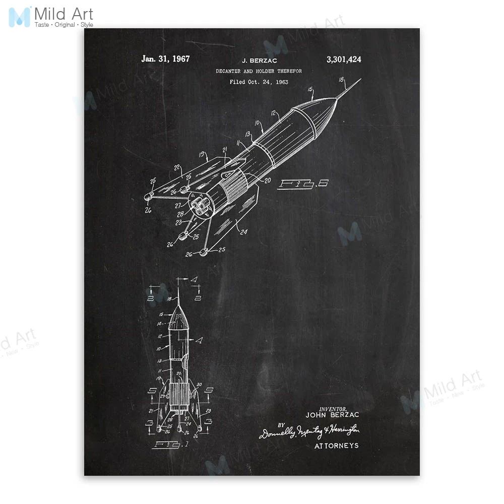 Черный и белый винтажный запатентованный эскиз плакаты принт космический корабль астронавт мальчик подарки А4 настенная художественная картина домашний декор холст живопись