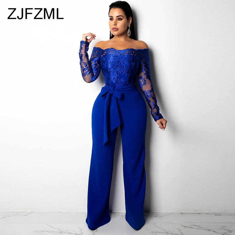ZJFZML Long Sleeve Off Shoulder Lace Patchwork Sexy Jumpsuits with Belt Autumn Bodycon Romper Women Club Causal Long Overalls 