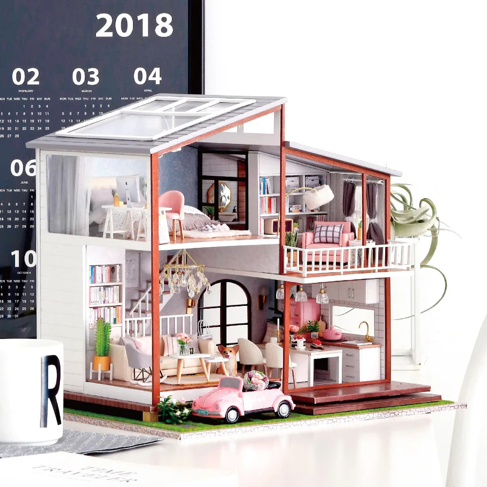 Furniture Doll House Wooden Miniature DIY DollHouse Furniture Kit Assemble with Dust Cover Doll Home Toys For Christmas Gift