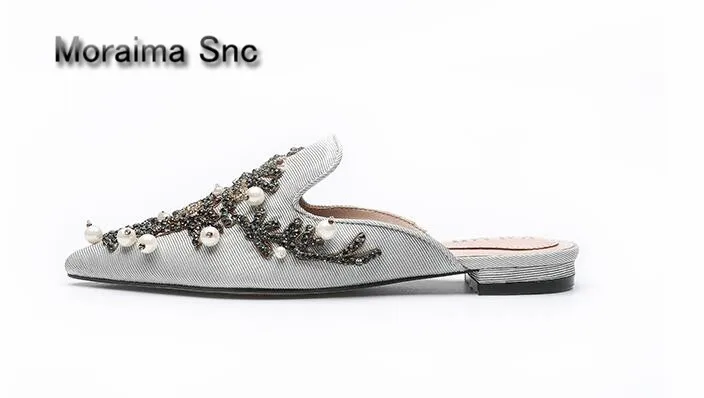 

Moraima Snc flats mules shoes Pearl rhinestones handmade casual women slippers sexy pointed toe embroider women slippers 2018