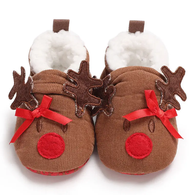 Детская Рождественская обувь для новорожденных, теплые младенческие сапоги для снега, мягкая подошва, тапочки для малышей, обувь в форме оленя - Цвет: Коричневый