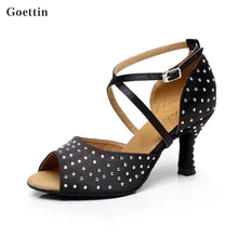 Goettin Джаз квадратный обучение латины танцевальная обувь для женщин Скидки полосы коснитесь каблук Schoenen Стразы атласные сандалии