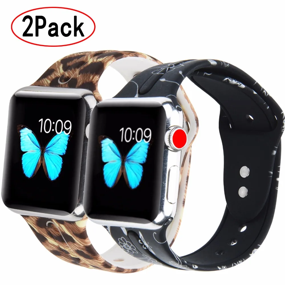 

Bemorcabo Printed Flower Silicone Watch Strap Band for Apple Watch 4 3 2 1 Series 44mm 42mm 38mm Bracelet for Watches 2PCS/Pack