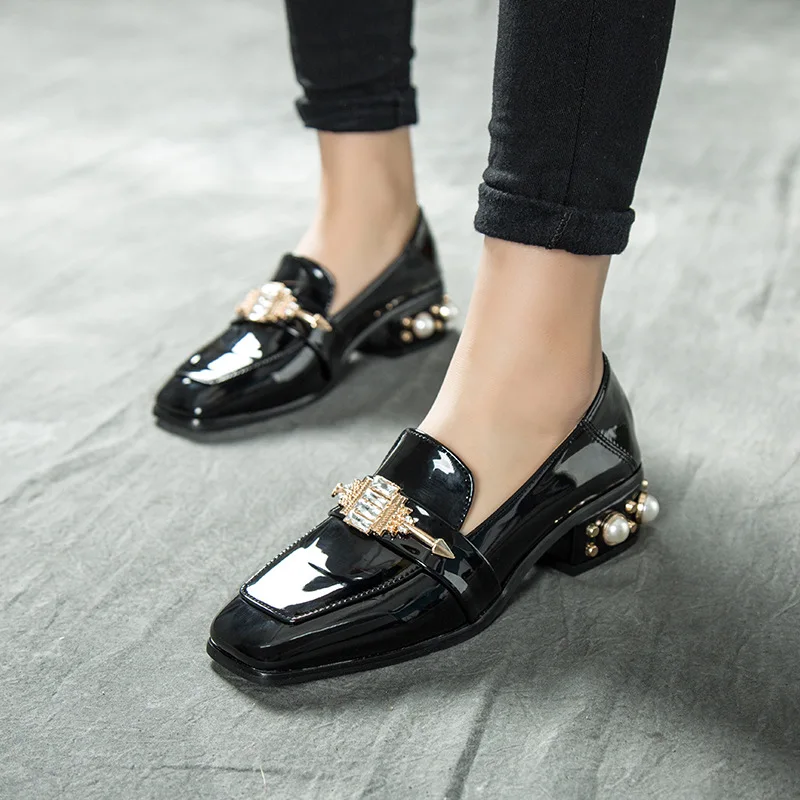 

Spring Preppy Women's Shoes Patent Leather British Style Rhinestone Decoration Square Toe Fashion Female Loafers Female Flats