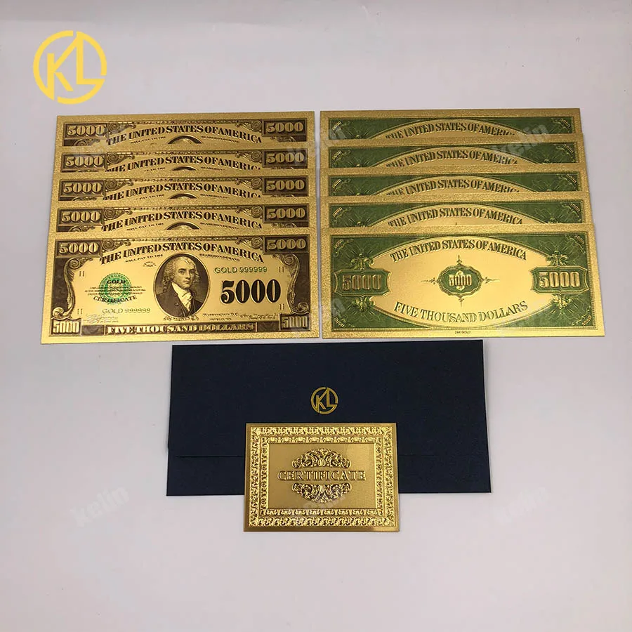 10 шт./лот, цветные американские 999,9 Золотые пластиковые деньги, реплики, США 1 миллиард долларовые банкноты из золотой фольги, банкноты - Цвет: USD5000