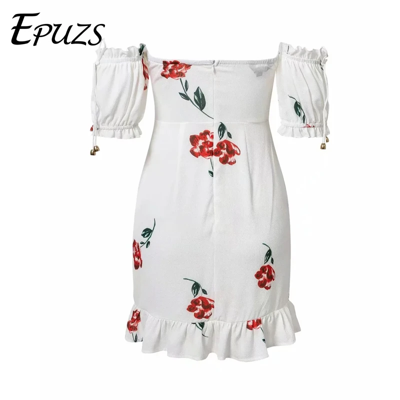 Summer Dress Vintage Sexy Lace Up Floral mini Dress elegant party Ruffle dress puff Sleeve Strapless bodycon Beach Dress