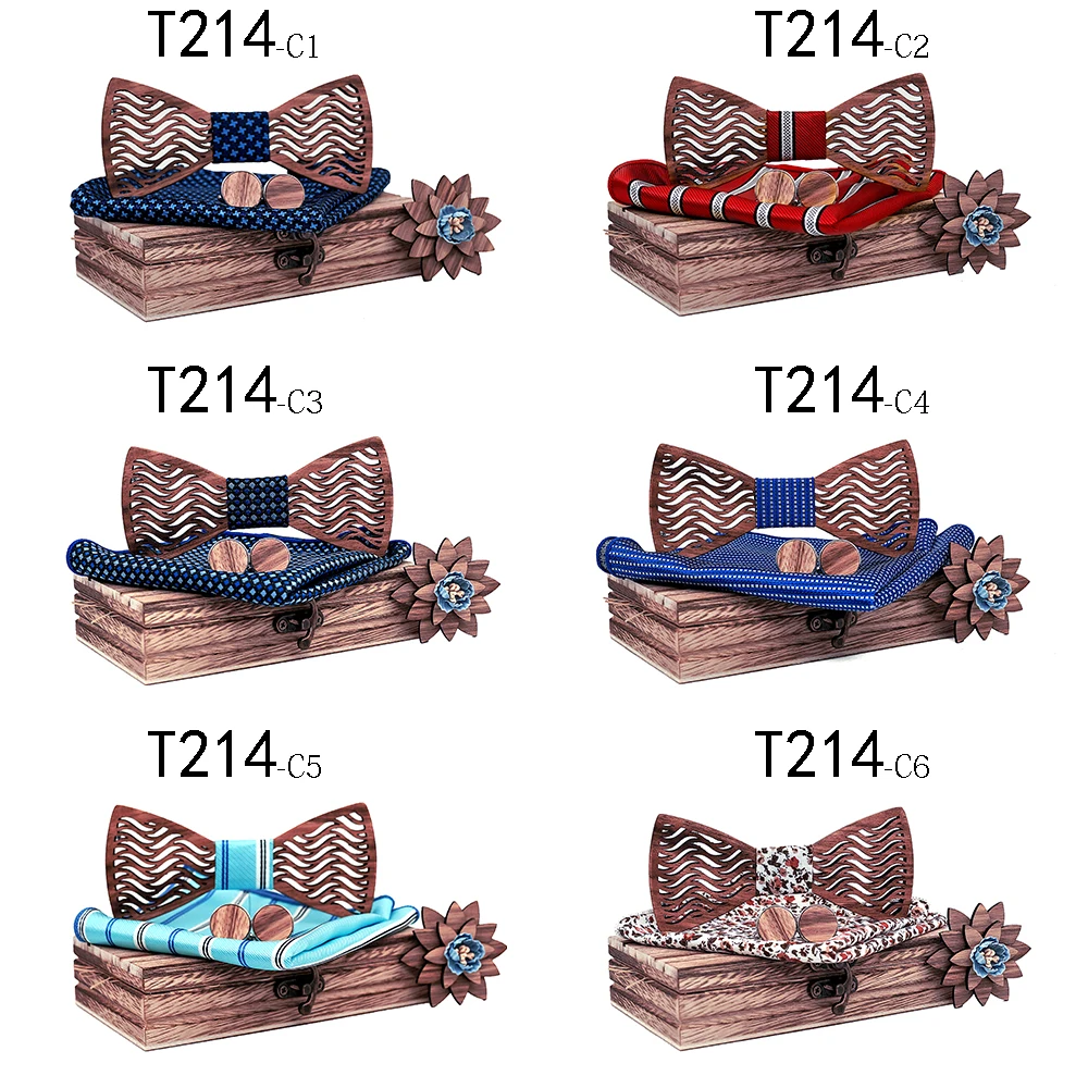  Mens Wood bow Tie Set Men Handkerchief wooden Bowtie Cufflinks Handkerchief Necktie Silk Ties Weddi