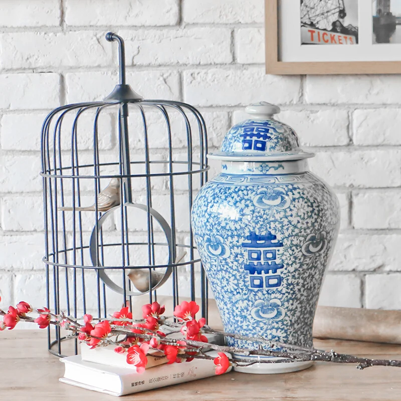 

Retail Chinese Hand Painted Blue And White Ceramic Porcelain Jars With Double Happiness Design