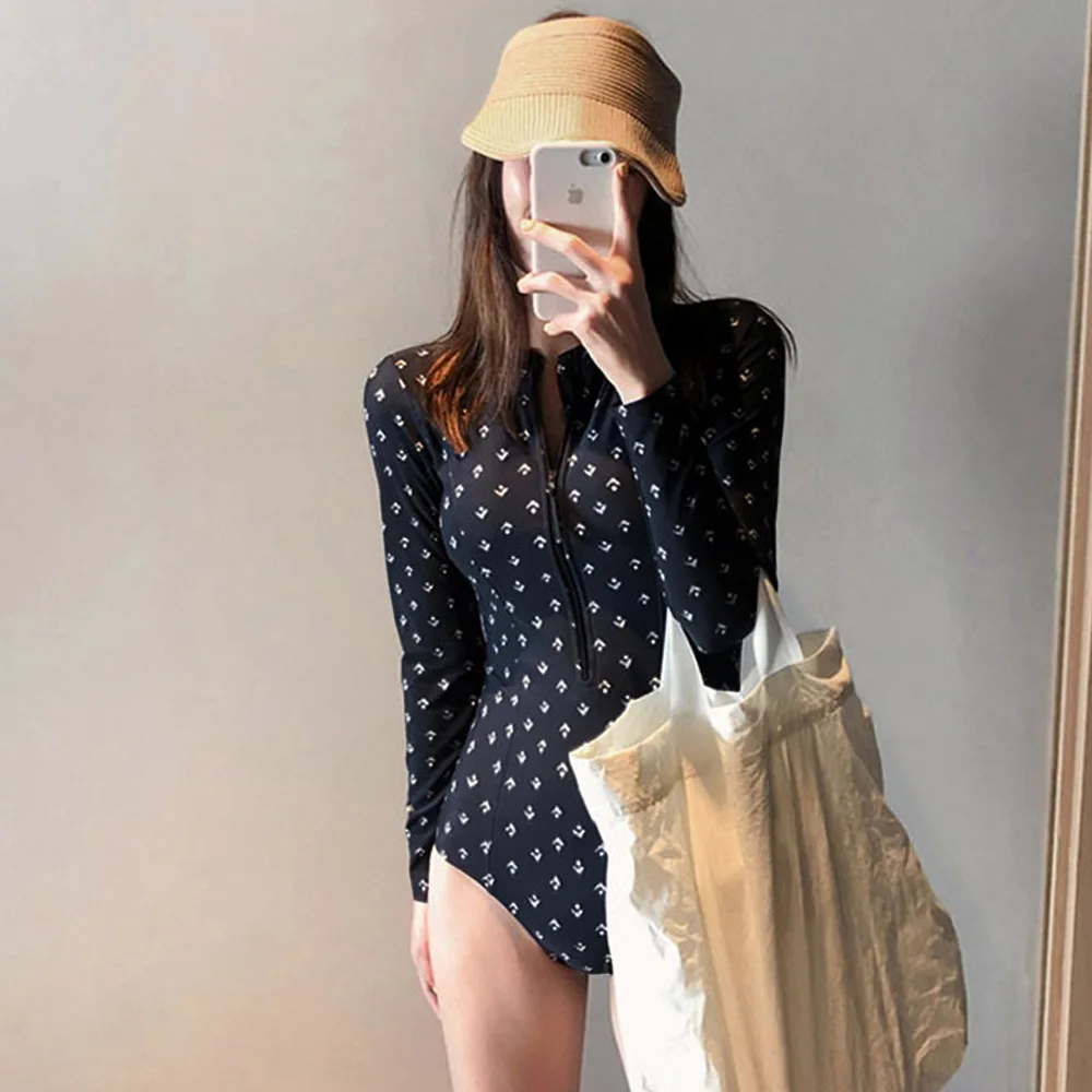 

Long Sleeve Rashguard Women Zipper Swimwear Dot Print Surf Wear Uv Swimwear Blue Diving Shirt High Ncek Surf Clothes Windsurf