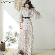 Alta calidad 2017 nuevas mujeres manga acampanada sólido blanco ahueca hacia fuera encaje Maxi vestido femenino Vintage Delgado vestidos largos con cinturón