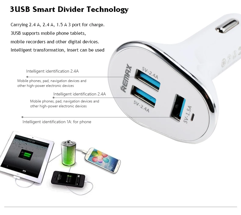Автомобильное зарядное устройство REMAX 3 USB 5 V/6.3A быстрая зарядка USB2.0 0 портативное