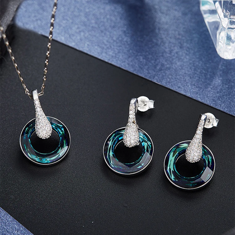 

Fashion Blue Austrian Crystal 925 Sterling Silver Simple Round Circle Sets