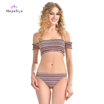 

Sexy Women Swimwear Striped Off-Shoulder Swim Suits New Brand High Quality Hot Beach Wear Bathing Suits Ruffle Brazilian Biquini